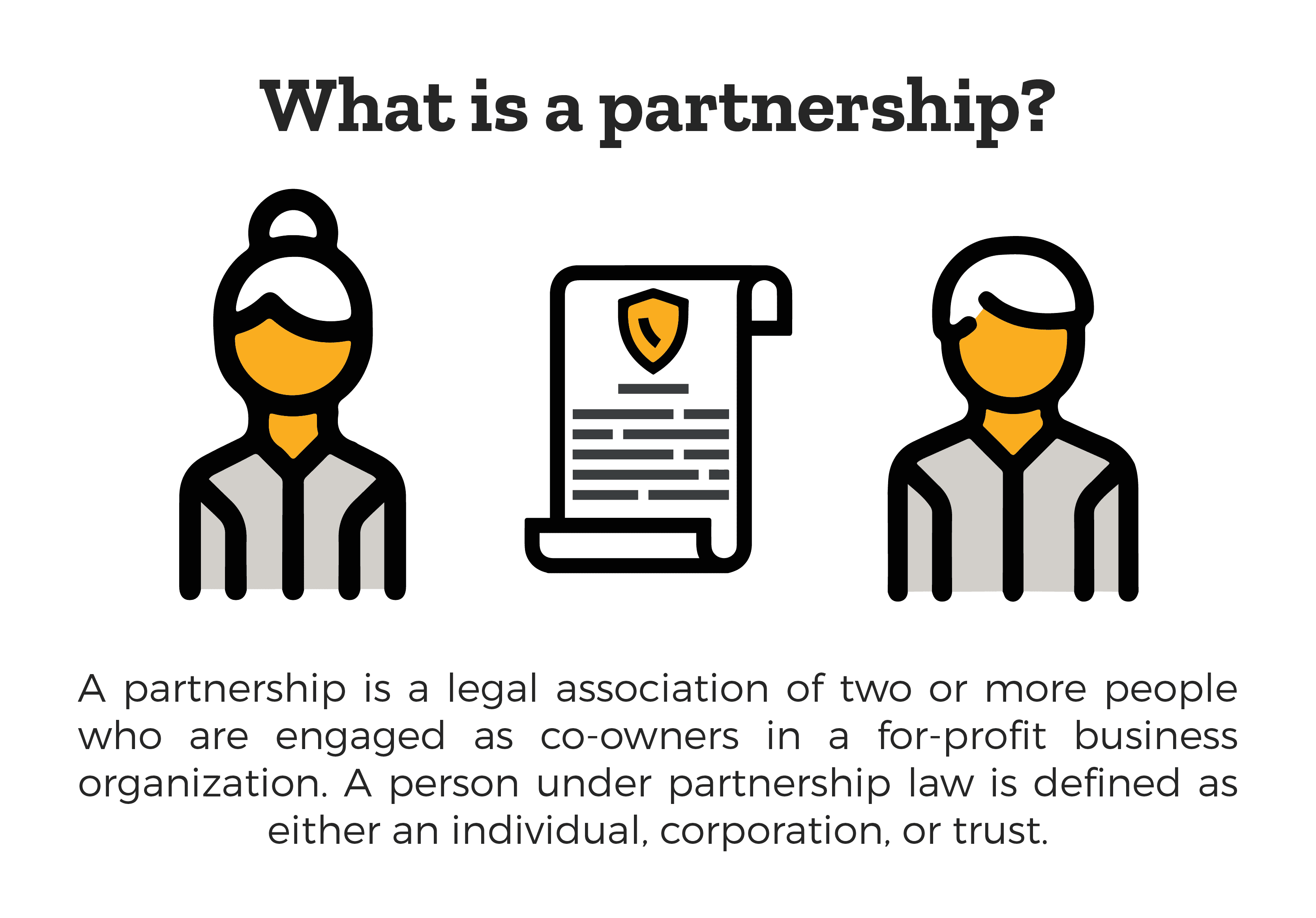 What Is a Business Partnership? - a business partnership is a legal association of two or more people who are engaged as co-owners in a for-profit business organization. A person under business partnership law is defined as either an individual, corporation, or trust.