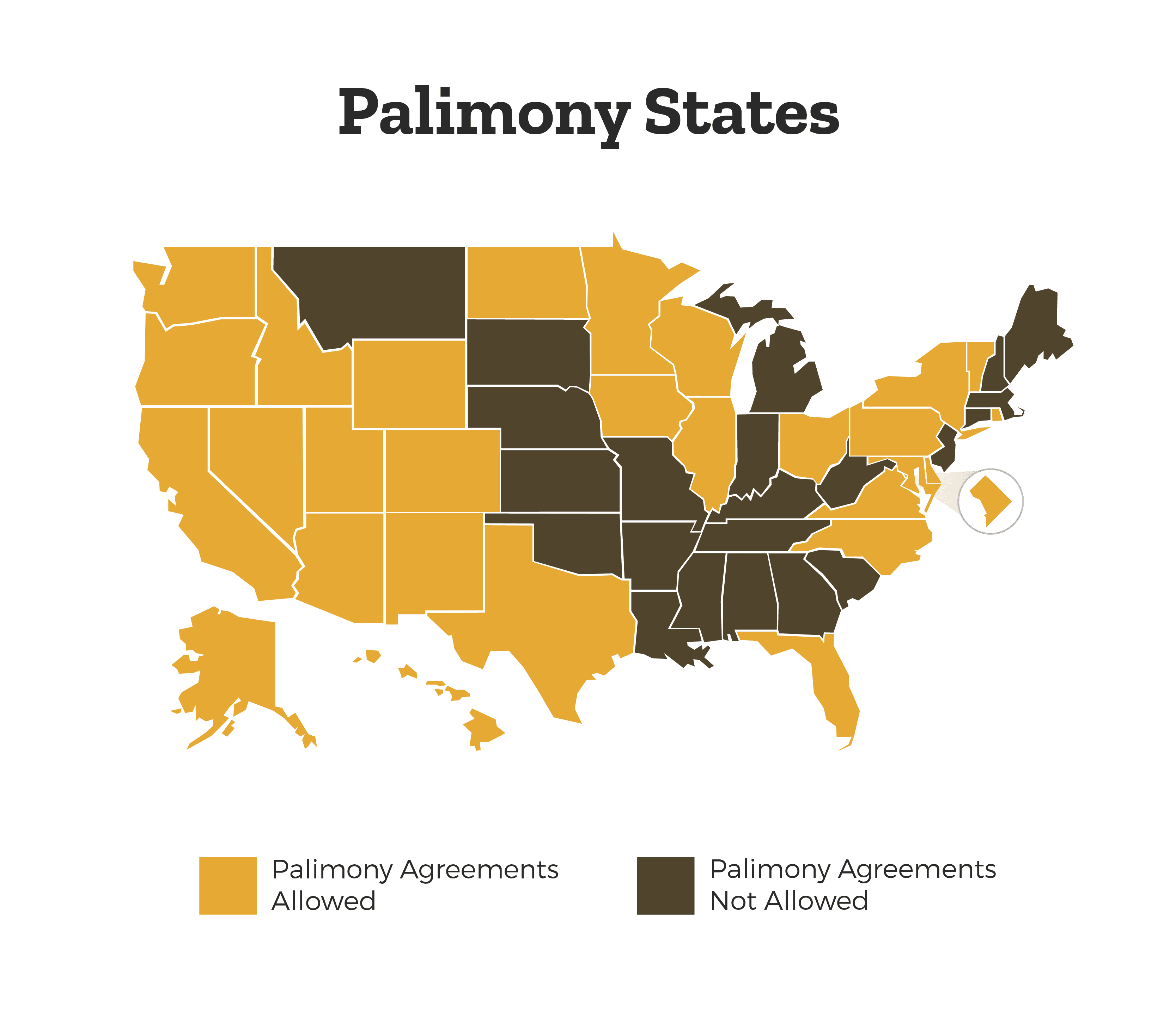 A map of the United States of America that is color coded to represent which states allow palimony agreements and which states do not allow palimony agreements.